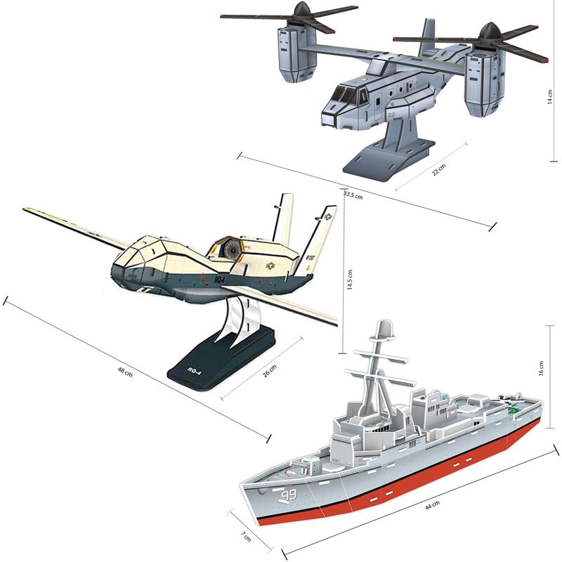Set 3 Puzzles 3D - modelos Aircraft MV/Destructor Naval Arleigh Burke/Dron - 50/50/50 piezas respectivamente
Set 3 Puzzles 3D - modelos Aircraft MV/Destructor Naval Arleigh Burke/Dron - 50/50/50 piezas respectivamente