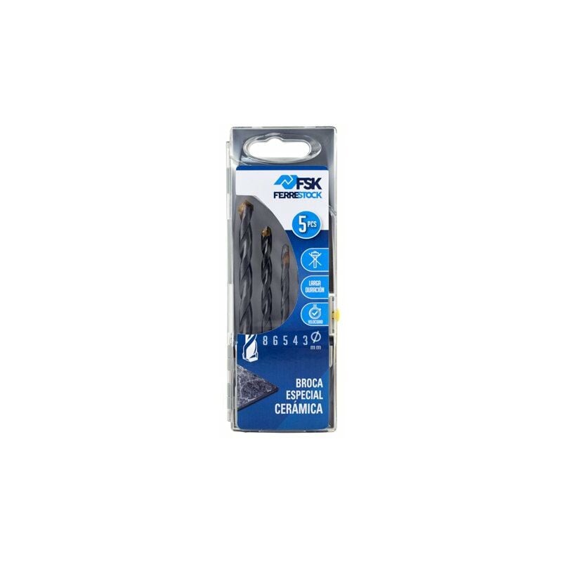 FSKBRC102 set de 5 brocas especiales para cerámica, punta con plaquita de carburo reforzado y diseño especial, 3/4/5/6 y 8mm - Ferrestock
FSKBRC102 set de 5 brocas especiales para cerámica, punta con plaquita de carburo reforzado y diseño especial, 3/4/5/6 y 8mm - Ferrestock