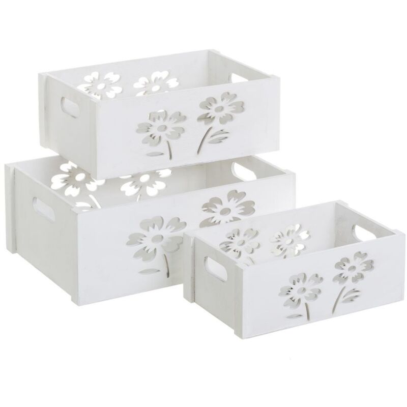 Set de 3 cajas de madera de flores blanco