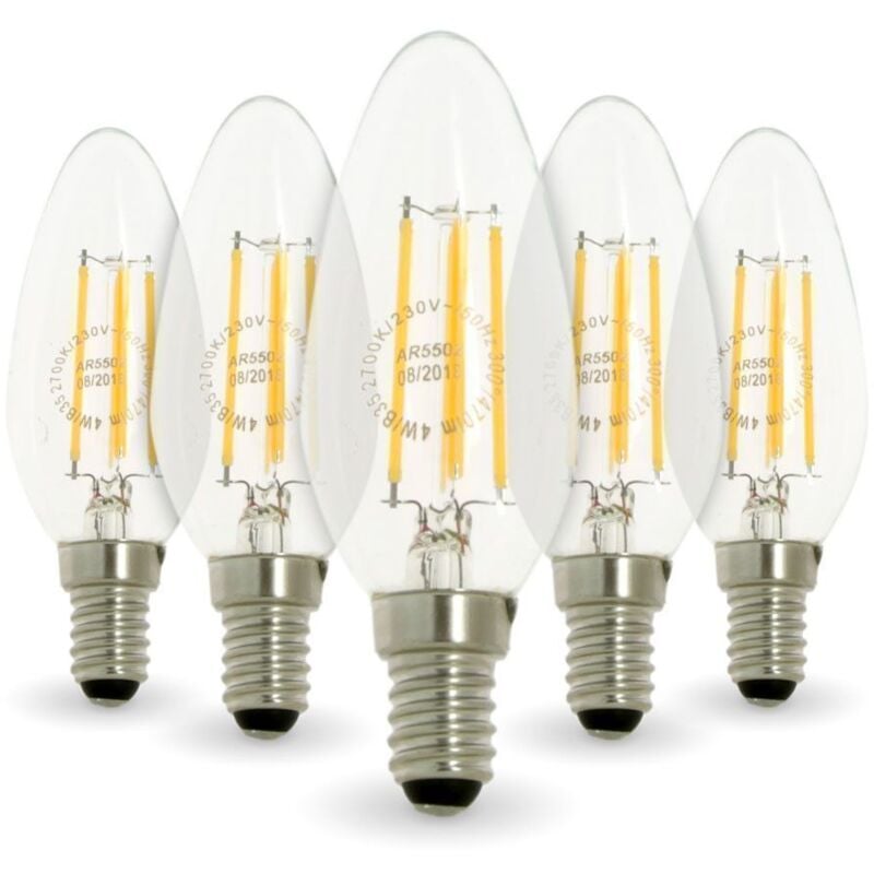 Conjunto de 5 bombillas de incandescencia LED de 4W eq. 40W E14 base | Temperatura de color: Blanco cálido 2700K
Conjunto de 5 bombillas de incandescencia LED de 4W eq. 40W E14 base | Temperatura de color: Blanco cálido 2700K