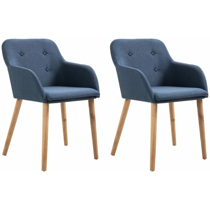 Sillas de comedor 2 uds tela azul y madera maciza de roble