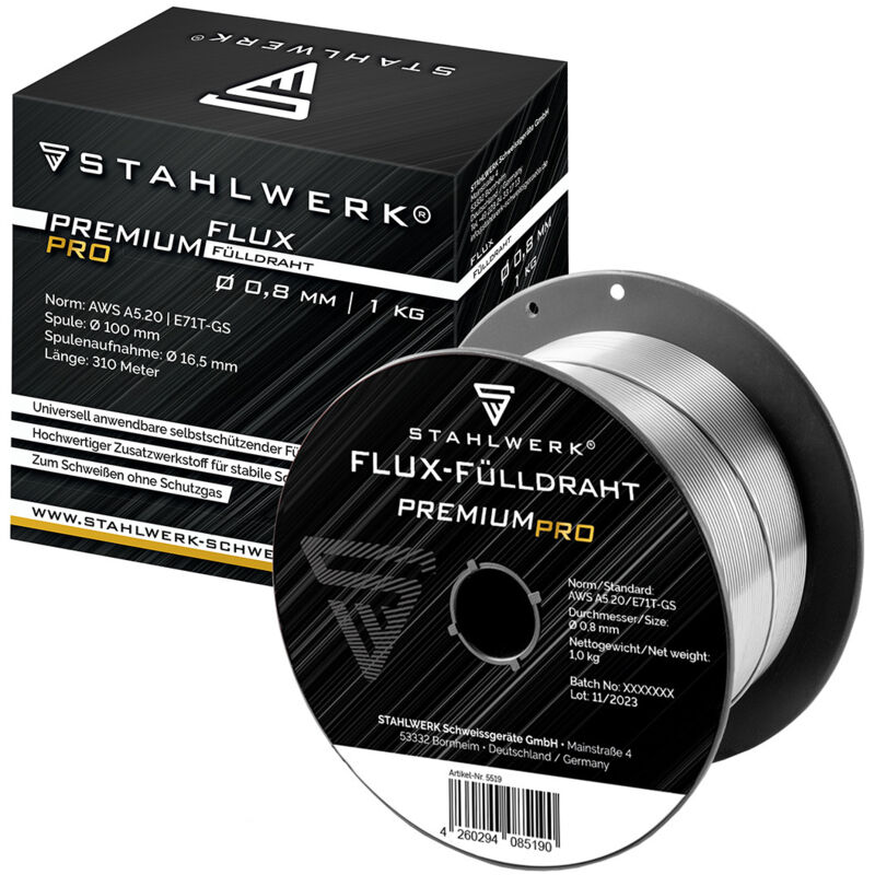 hilo FLUX MIG/MAG Ø 0,8 mm, filo FLUX de soldadura E71T-GS, rollo de 1 kg D100 con mandril de 16 mm, de uso universal - Stahlwerk
hilo FLUX MIG/MAG Ø 0,8 mm, filo FLUX de soldadura E71T-GS, rollo de 1 kg D100 con mandril de 16 mm, de uso universal - Stahlwerk