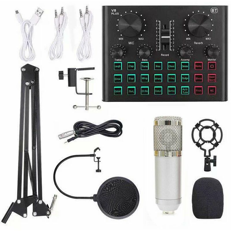 Tarjeta de sonido en vivo multifuncional y kit de microfono de suspension BM800 Grabacion de transmision Juego de microfono de condensador Mezclador
Tarjeta de sonido en vivo multifuncional y kit de microfono de suspension BM800 Grabacion de transmision Juego de microfono de condensador Mezclador