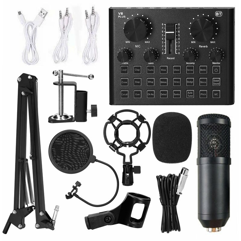 Tarjeta de sonido en vivo multifuncional y kit de microfono de suspension BM800 Grabacion de transmision Juego de microfono de condensador Mezclador
Tarjeta de sonido en vivo multifuncional y kit de microfono de suspension BM800 Grabacion de transmision Juego de microfono de condensador Mezclador