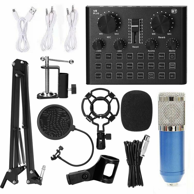 Tarjeta de sonido en vivo multifuncional y kit de microfono de suspension BM800 Grabacion de transmision Juego de microfono de condensador Mezclador
Tarjeta de sonido en vivo multifuncional y kit de microfono de suspension BM800 Grabacion de transmision Juego de microfono de condensador Mezclador
