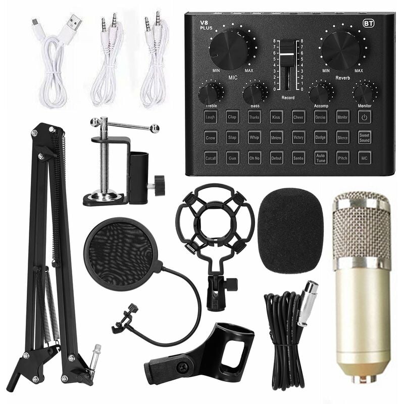 Tarjeta de sonido en vivo multifuncional y kit de microfono de suspension BM800 Grabacion de transmision Juego de microfono de condensador Mezclador
Tarjeta de sonido en vivo multifuncional y kit de microfono de suspension BM800 Grabacion de transmision Juego de microfono de condensador Mezclador