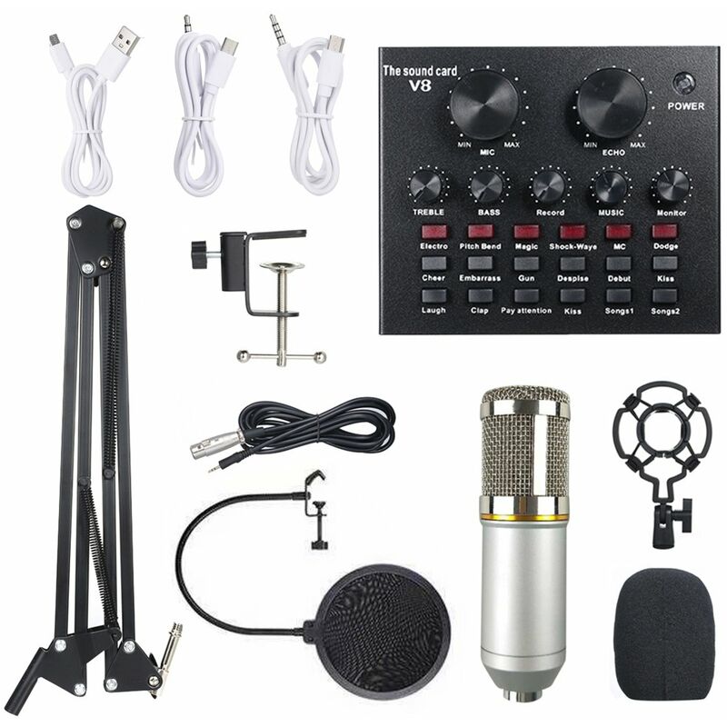 Tarjeta de sonido en vivo multifuncional y kit de microfono de suspension BM800 Grabacion de transmision Juego de microfono de condensador Mezclador
Tarjeta de sonido en vivo multifuncional y kit de microfono de suspension BM800 Grabacion de transmision Juego de microfono de condensador Mezclador
