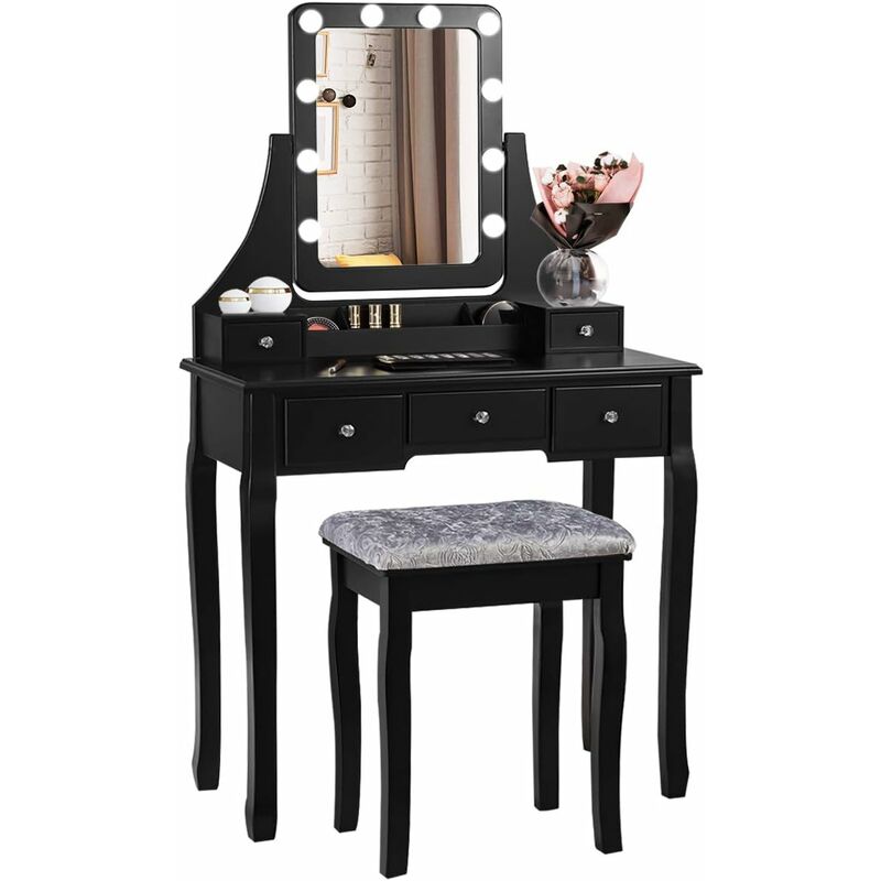 Tocador con Taburete y 5 Cajones Mesa de Maquillaje con Espejo Giratorio de 360 ° y 10 LED Bombillas Mesa de Cosméticos para Dormitorio (Negro)
Tocador con Taburete y 5 Cajones Mesa de Maquillaje con Espejo Giratorio de 360 ° y 10 LED Bombillas Mesa de Cosméticos para Dormitorio (Negro)