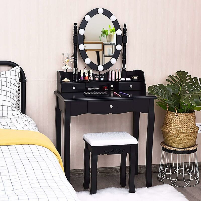 Tocador de Maquillaje con LED,Espejo Giratorio y Taburete Mesa de Cosmético con 3 Cajones (Negro)
Tocador de Maquillaje con LED,Espejo Giratorio y Taburete Mesa de Cosmético con 3 Cajones (Negro)