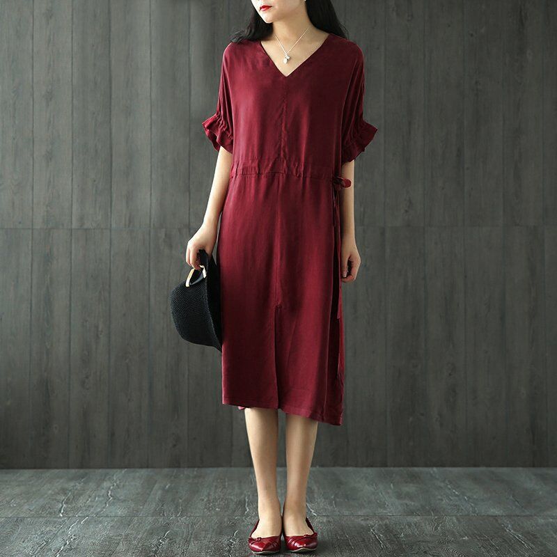 Vestido suelto informal para mujer Medias mangas con cuello en V Cordon en la cintura Abertura frontal Vestido a media pierna solido vintage,Rojo,
Vestido suelto informal para mujer Medias mangas con cuello en V Cordon en la cintura Abertura frontal Vestido a media pierna solido vintage,Rojo,