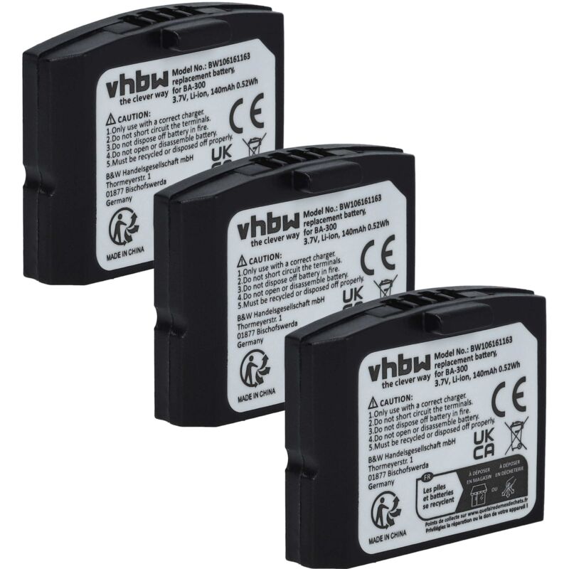 3x batería Compatible con Siemens RR 832, RR 842, Set 832 TV, Set 842 TV auriculares inalámbricos cascos (140 mAh, 3,7 V, polímero-Li) - Vhbw
3x batería Compatible con Siemens RR 832, RR 842, Set 832 TV, Set 842 TV auriculares inalámbricos cascos (140 mAh, 3,7 V, polímero-Li) - Vhbw
