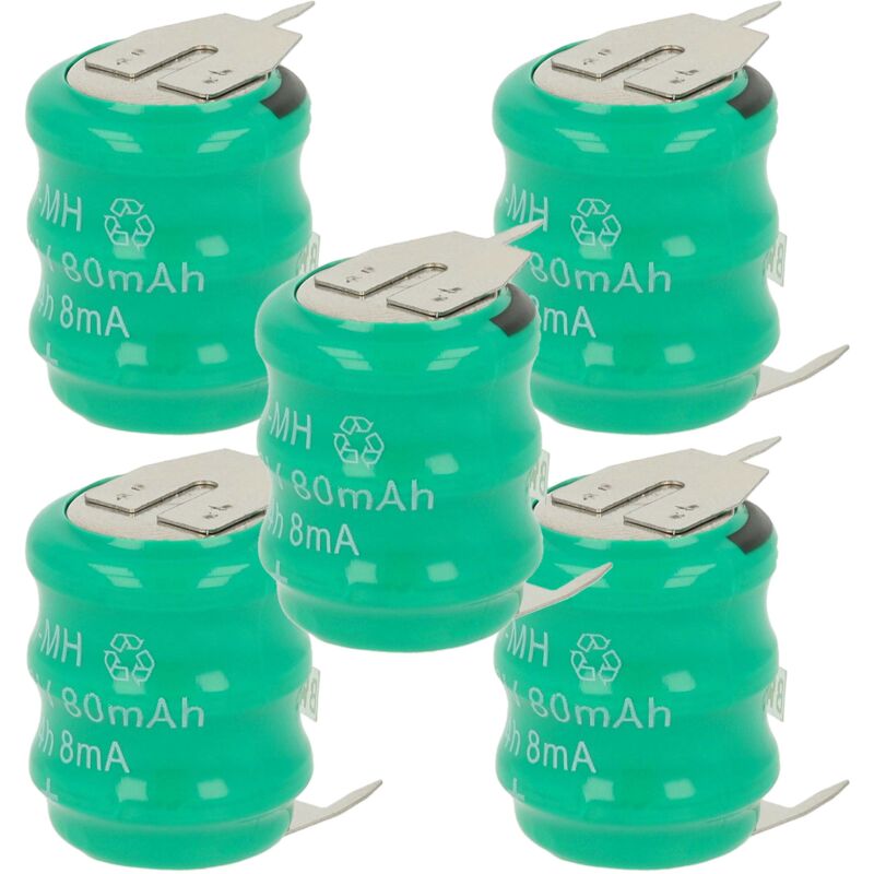 5x NiMH Batería de botón de repuesto Tipo V80H 3 pines 80 mAh 3,6 V compatible para lámparas solares, etc. - Vhbw
5x NiMH Batería de botón de repuesto Tipo V80H 3 pines 80 mAh 3,6 V compatible para lámparas solares, etc. - Vhbw