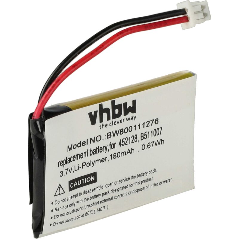 Li-Polymer batería 180mAh (3.7V) para auriculares Plantronics CS60 por B511007, 452128. - Vhbw
Li-Polymer batería 180mAh (3.7V) para auriculares Plantronics CS60 por B511007, 452128. - Vhbw