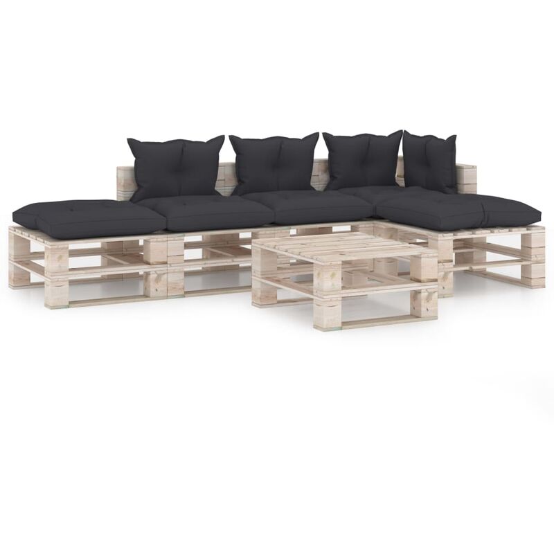 vidaXL Juego de muebles de jardín de palets 6 pzas cojines madera pino - Antracita
vidaXL Juego de muebles de jardín de palets 6 pzas cojines madera pino - Antracita