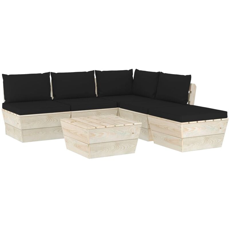 vidaXL Muebles de jardín de palets 6 piezas y cojines madera de abeto - Negro
