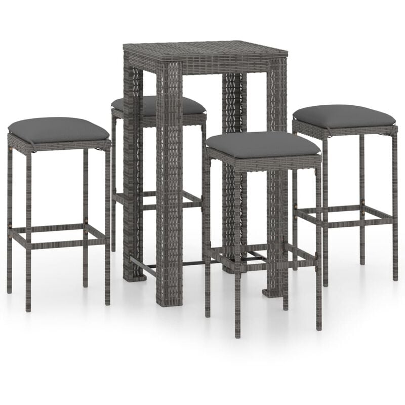 vidaXL Set muebles bar jardín 5 piezas y cojines ratán sintético gris - Gris
vidaXL Set muebles bar jardín 5 piezas y cojines ratán sintético gris - Gris