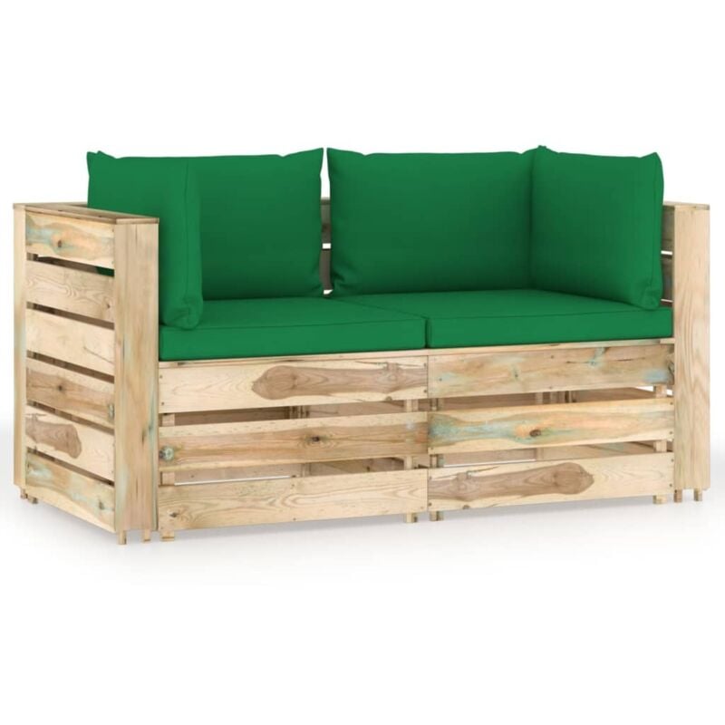 vidaXL Sofá de jardín de 2 plazas con cojines madera impregnada verde - Verde 
vidaXL Sofá de jardín de 2 plazas con cojines madera impregnada verde - Verde