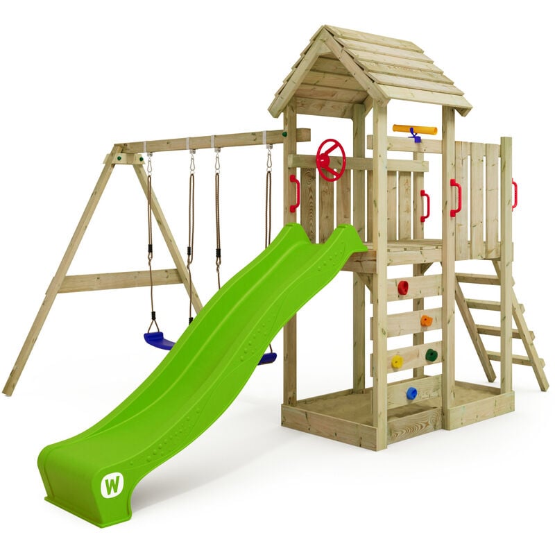 WICKEY Parque infantil de madera MultiFlyer Techo de madera con columpio y tobogán manzana verde Torre de escalada de exterior con techo, arenero y
WICKEY Parque infantil de madera MultiFlyer Techo de madera con columpio y tobogán manzana verde Torre de escalada de exterior con techo, arenero y