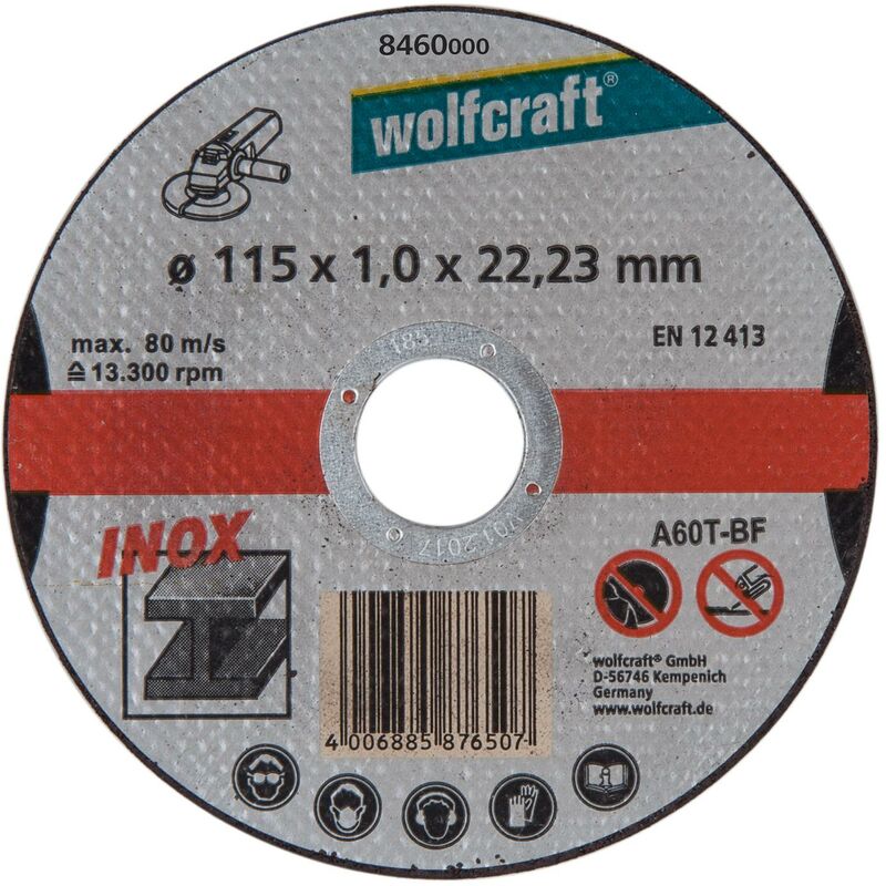 8460000 - 3 discos de cortar para metal especifico para acero fino, Ø 115 x 1,2 x 22,23 mm - Wolfcraft
8460000 - 3 discos de cortar para metal especifico para acero fino, Ø 115 x 1,2 x 22,23 mm - Wolfcraft