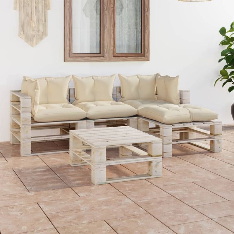 Juego de muebles de jardín de palets 5 pzas cojines madera pino - Crema - Youthup
Juego de muebles de jardín de palets 5 pzas cojines madera pino - Crema - Youthup