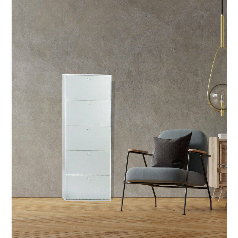 Zapatero con 5 solapas, en laminado blanco mate, 65x164x16 cm, con capacidad para 15 pares de zapatos
Zapatero con 5 solapas, en laminado blanco mate, 65x164x16 cm, con capacidad para 15 pares de zapatos