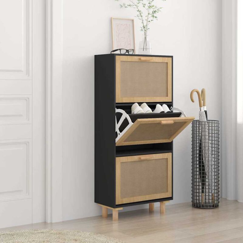 Schuhschrank Schwarz 52x25x115 Cm Holzwerkstoff & Rattan Natur - Vidaxl