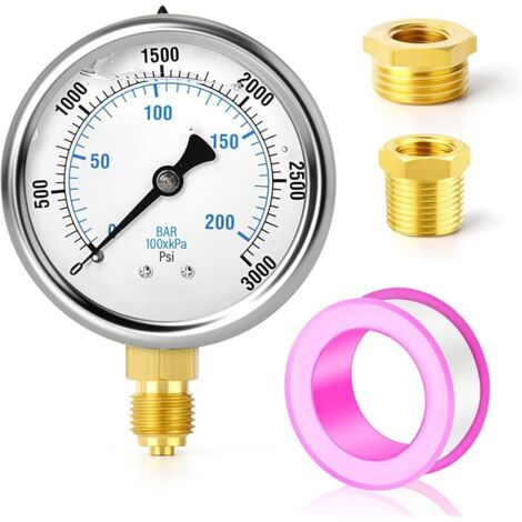 0-210 bars/0-3000 PSI Manomètre à liquide en acier inoxydable 1/4" BSP 2,5" FACE DIAL, montage inférieur avec douilles hexagonales en laiton 3/8" x 1/4" et 1/2" x 1/4" WOG Eau Huile Air