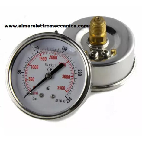 0-250 BAR 1/4" POSTERIORE diam.63 mm Manometro Glicerina Acciaio Idropulitrice