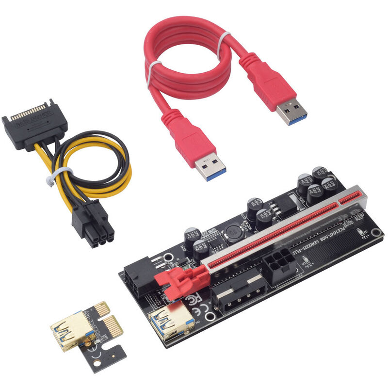 

009SPLUS Tarjeta vertical PCI-E 1X-16X Cable de extension con 8 capacitores solidos Extension de graficos de 6 pines Adaptador vertical ETH para