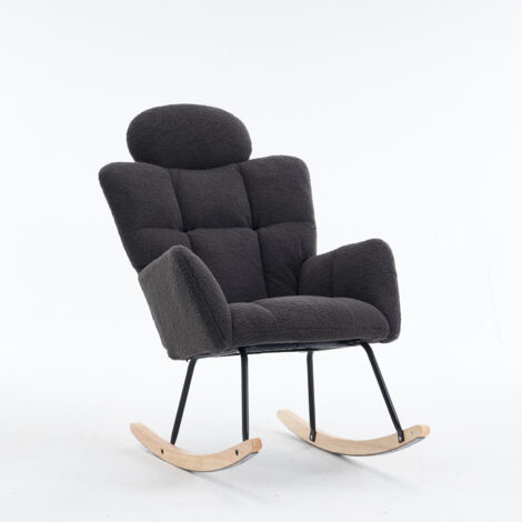 055 Schaukelstuhl aus weichem Teddystoff, gepolsterter Sitz, für Wohnzimmer, Schlafzimmer, Dunkelgrau
