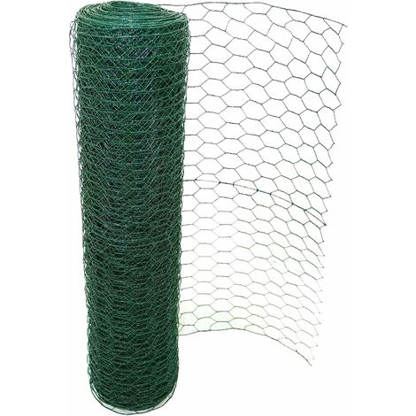 0.6m x 25m Chicken Wire Mesh Hexagonal Mesh Fencing Green PVC Coated Steel Metal Garden Netting Fencing Roll Hole Size 50mmx50mm, for Crop Plants Protection, Trap Rabbit Small Animal
