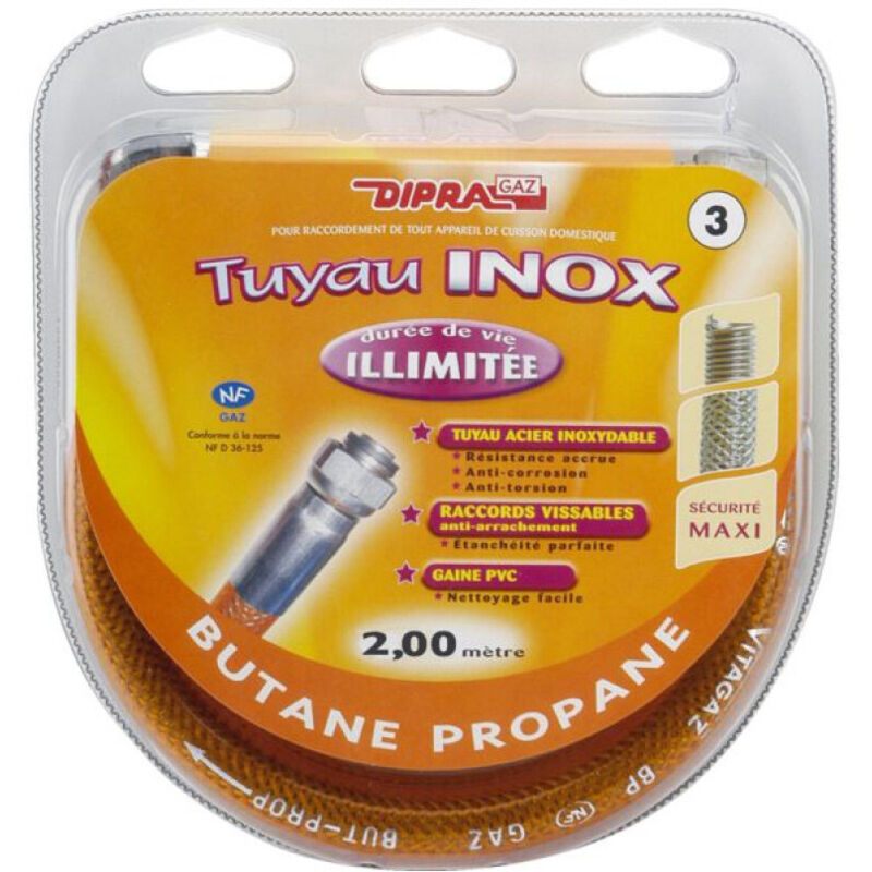 Flexible inox pour gaz butane - propane 200 cm - Validité illimitée - Certifié nf - Dipra