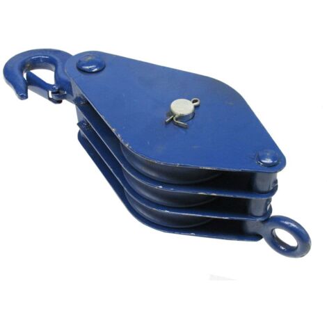 0.75 Ton 100MM Treble Sheave London Pattern Pulley Block With Hook & Safety Catch - 16MM Wire Rope