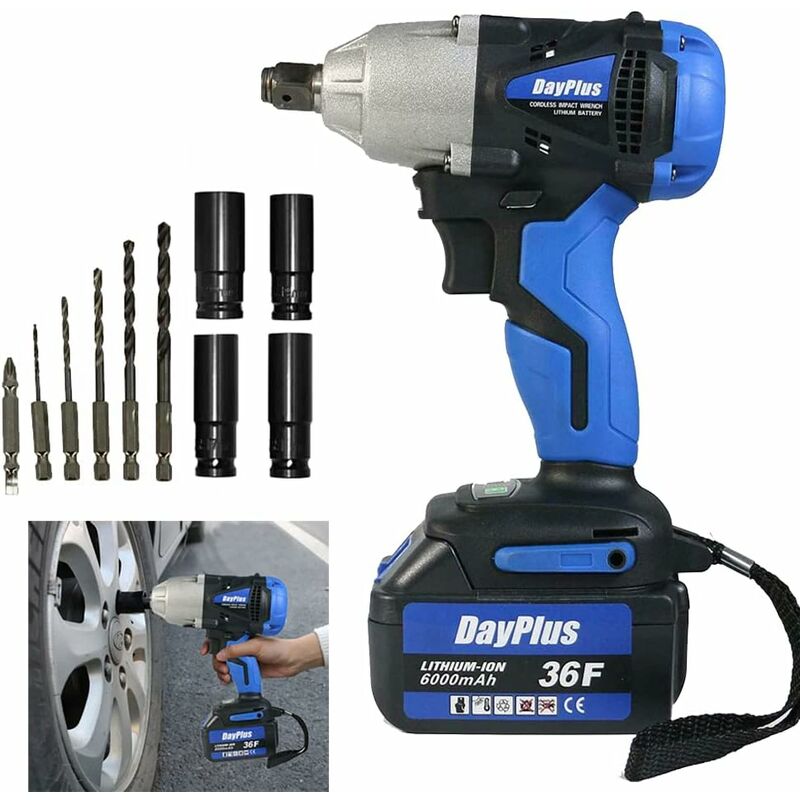 Day Plus - 1 / 2 pouce sans fil impact Driver Kit 420nm couple élevé avec 21v 6.0ah batterie, écrous d'entraînement d'impact 4 écrous, 14 / 17 / 19 /
