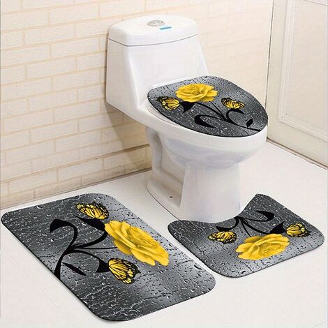 1/3/4pcs Ensembles De Salle De Bain À Motif De Rose Jaune Tapis De Douche Rideau De Douche Imperméable Avec 12 Crochets Tapis De Bain Antidérapant Tapis En Forme De U Pour Toilettes Couverture De Couv
