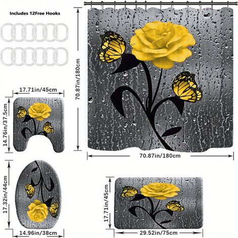 1/3/4pcs Ensembles De Salle De Bain À Motif De Rose Jaune Tapis De Douche Rideau De Douche Imperméable Avec 12 Crochets Tapis De Bain Antidérapant Tapis En Forme De U Pour Toilettes Couverture De Couv