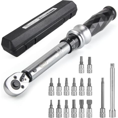 1/4"-Antrieb Click Fahrrad-Drehmomentschlüssel-Set 1-25 Nm - Fahrradwartungs-Werkzeugset für Rennräder/Mountainbikes - Verlängertes H5-Steckschlüssel-Reparaturset
