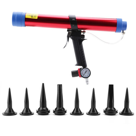 1/4 Pistolet à Cartouche Adaptable 300600ml(colle, mastic, silicone), Pistolet de Calfeutrage à Air Comprimé pour Verre, avec 8 Têtes de Calfeutrage