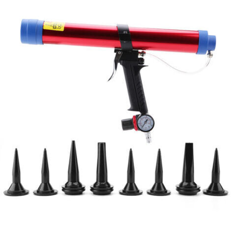 1/4 Pistolet à Cartouche Adaptable 300600ml(colle, mastic, silicone), Pistolet de Calfeutrage à Air Comprimé pour Verre, avec 8 Têtes de Calfeutrage