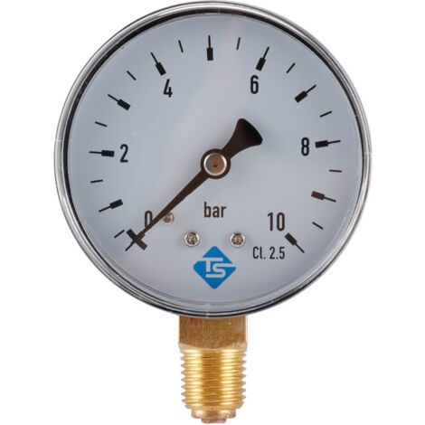 1/4"-Radialanschluss (Außengewinde) – Radialanschluss – Messbereich 0 bis 10 bar – 50-mm-Skala – Nicht korrosive Flüssigkeit – Stoßfestes ABS-Gehäuse – Plexiglaslinse