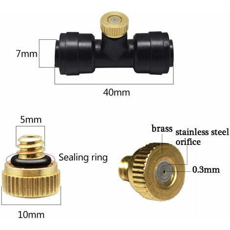 1/4'' Slip-Lock Misting Nozzles Kit 12x Brass Mister Nozzles 0.3mm 10/24 UNC+ 10x Nozzle Tees+ 1x Plug, Fog Nozzles for Patio Misting System Outdoor Cooling System Garden Water Mister