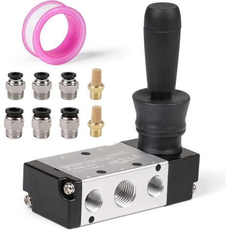 1/4" Vanne Manuelle Pneumatique à 5 Voies 2 Positions, Electrovanne Pneumatique avec Silencieux et 6MM 8MM Connecteur, Vanne à Levier Pneumatique Commande Manuelle Push-Pull à Air Comprimé
