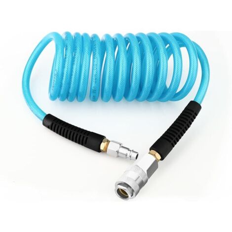 1/4" x 3M Polyurethane Recoil Air Hose 6mm With Bend Restrictor, 1/4" Europe Quick Coupler and Plug, For Air Compressor, Blue
