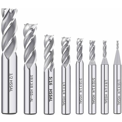 1/8" 3/16" 1/4" 5/16" 3/8" 1/2" acier rapide HSS 4 cannelures fraise à bout droit 5/32" 1/16" lot de 8