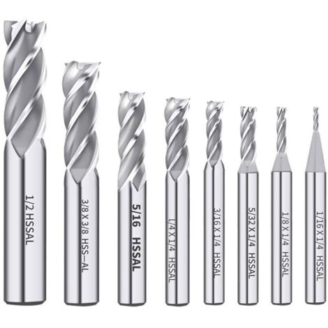 1/8" 3/16" 1/4" 5/16" 3/8" 1/2" acier rapide HSS 4 cannelures fraise à bout droit 5/32" 1/16" lot de 8