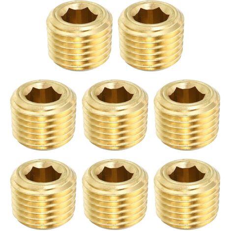 1/8" NPT Laiton Hex Tête Fraisée Prises, 8 Paquet Compteur Coulé Interne Filetage Douille Tuyau Bouchons Mâle Raccords, pour Eau Huile Gaz - 1/4"NPT