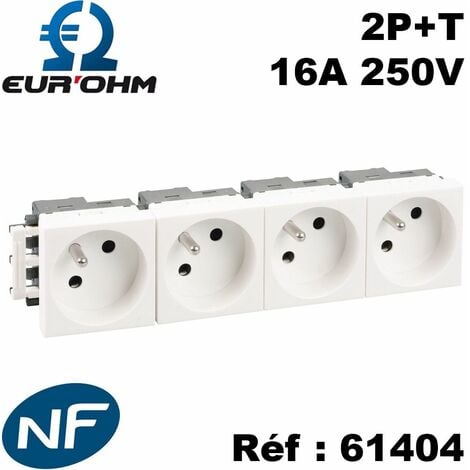 1 à 4 prises de courant 45x45 2P+T clipsables blanches pour goulottes - Type de prises - Bloc 4 prises 2P+T associées