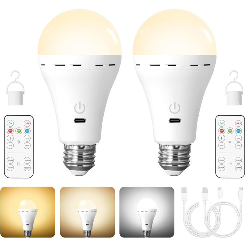 2 ampoules LED E27, batterie rechargeable avec télécommande, ampoule à intensité variable avec fonction minuterie, 3 températures de couleur,