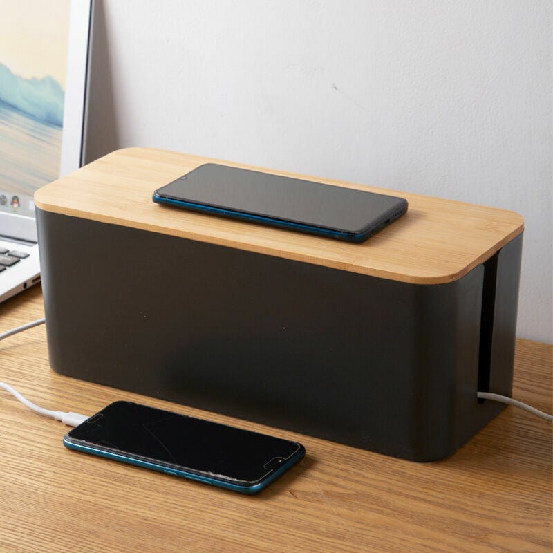 1 Boîte Cache Câble Noir, Grand Boîte de Rangement Câbles Electriques avec Bois Couvercle, Boite Cache Multiprise pour Protection de Câble et Prise