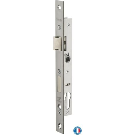 1 boîtier de serrure, axe 16.5 mm, bouts carrés 8 mm, coffre acier 15 mm, têtière inox, pour menuiserie métallique